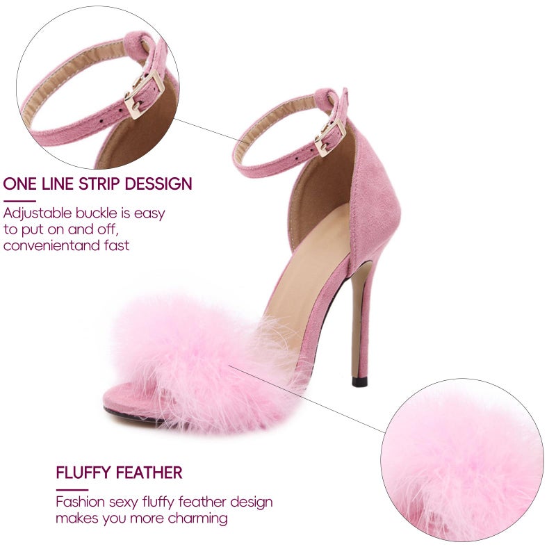 YIBLBOX Women's Feather Heels Open Toe Sandal Fluffy Fur High Heel Shoes Ankle Strap Stiletto Pump for Wedding Party Dance Evening - Image 2